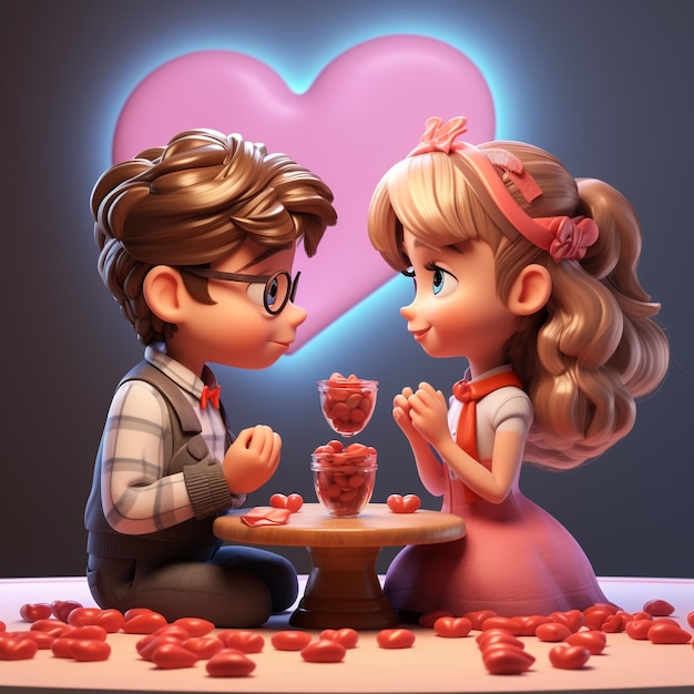 Menino e menina bonitos apaixonados no romântico Dia dos Namorados desenhado à mão em estilo de desenho animado ilustração 3D