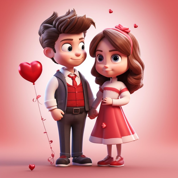 Menino e menina bonitos apaixonados no romântico Dia dos Namorados desenhado à mão em estilo de desenho animado ilustração 3D