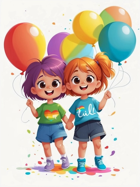 Menino e menina bonitos e brilhantes com cabelo arco-íris segurando balões em estilo de desenho animado em fundo branco