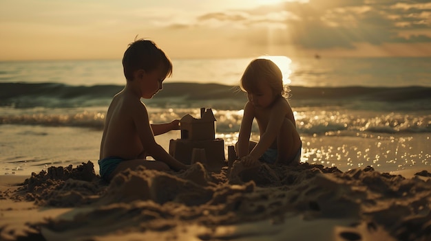 Foto menino e menina brincando na praia nas férias de verão crianças construindo um castelo de areia ia generativa