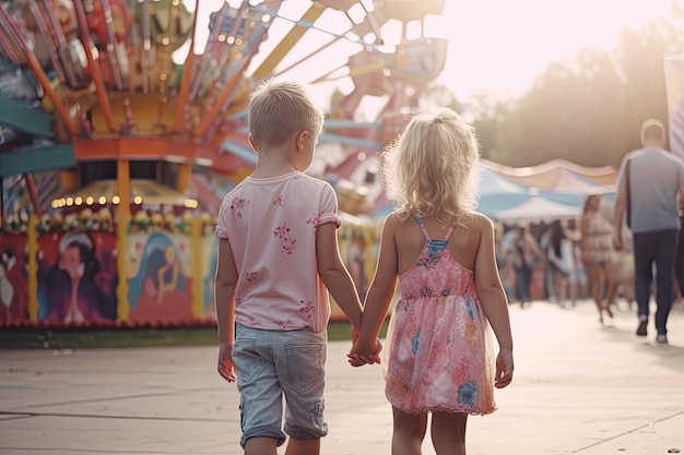 Menino e menina caminhando para o parque de diversões