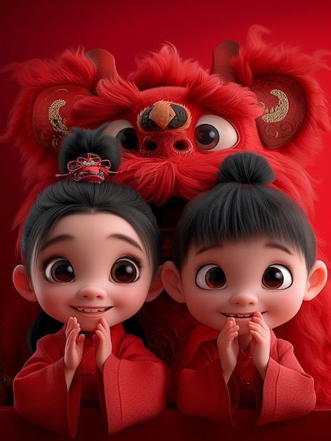 Menino e menina chineses em 3D com um dragão chinês peludo vermelho escondidos atrás de uma parede vestindo roupas vermelhas