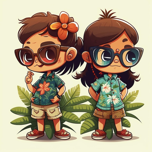Menino e menina de desenho animado com óculos de sol e roupas tropicais de pé um ao lado do outro