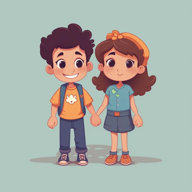 Foto menino e menina de desenho animado de mãos dadas e sorrindo