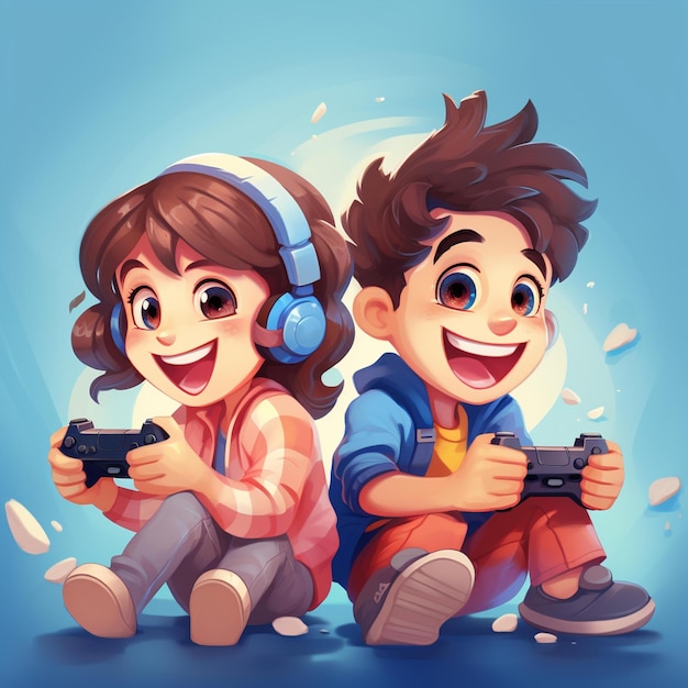 Menino e menina de desenho animado jogando videogame com fones de ouvido