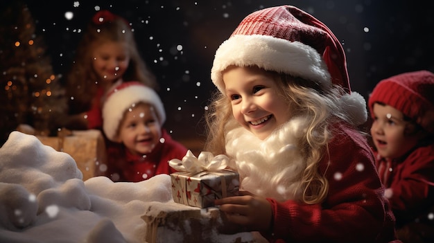 Menino e menina decorando árvore de Natal com presentes em casa