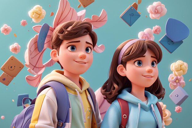 Menino e menina em 3d na escola em fundo pastel generativo ai