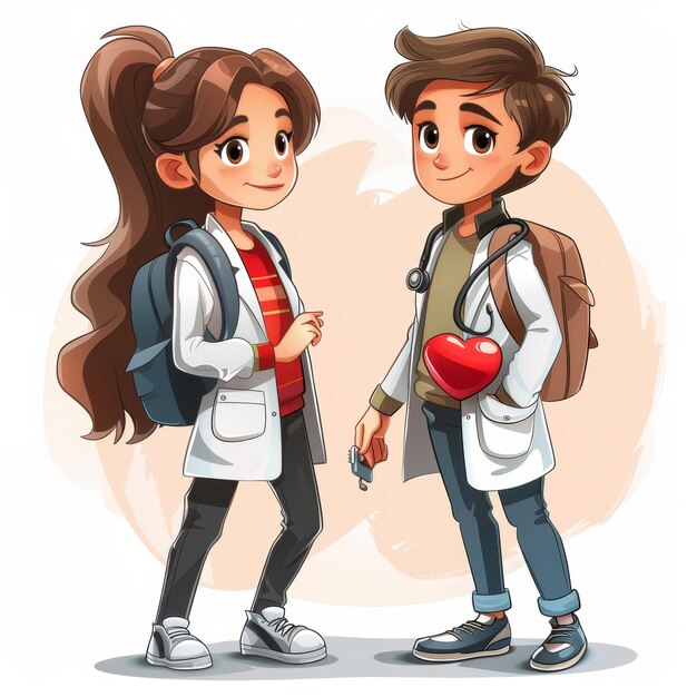 menino e menina em uniforme de enfermeiro e médico com mochilas e um coração