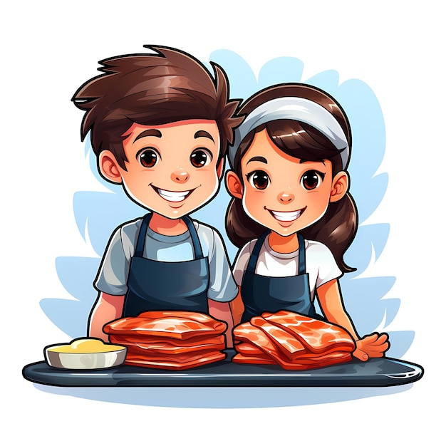 Menino e menina estão cozinhando carne na bandeja IA generativa
