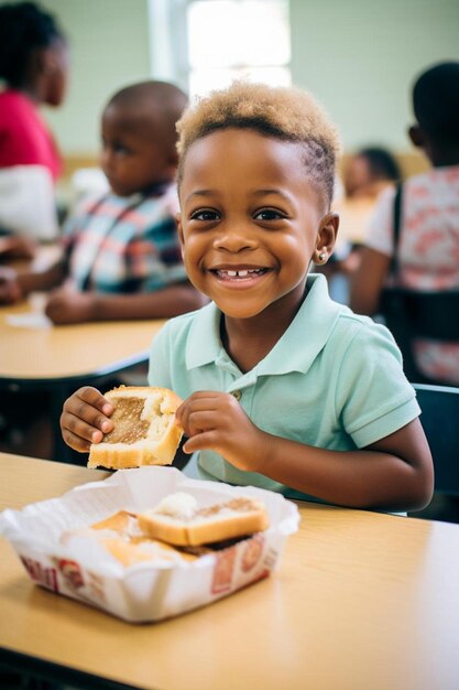 Foto menino e menina na mesa de almoço da escola sorrindo para a câmera