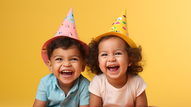 menino e menina usando chapéus de aniversário com expressões alegres em fundo amarelo generativo ai