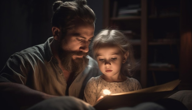 Menino e pai se abraçam lendo livro gerado por IA