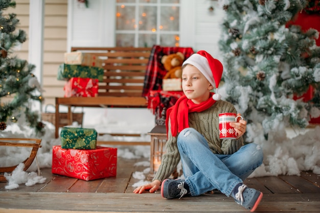 Menino em decorações de natal