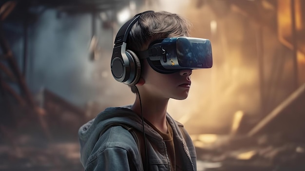 Menino em óculos de fone de ouvido VR no fantástico mundo virtual do metaverso Generative AI