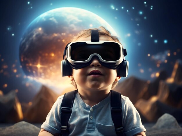 menino em óculos de realidade virtual vê jogos de contos de fadas