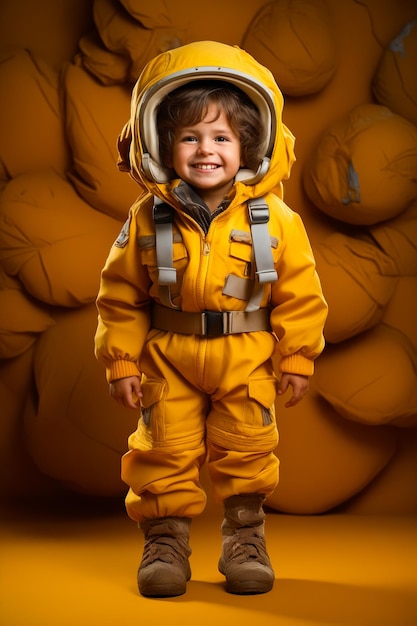 Foto menino em terno espacial amarelo de pé na frente de uma pilha de bolas laranjas ia generativa