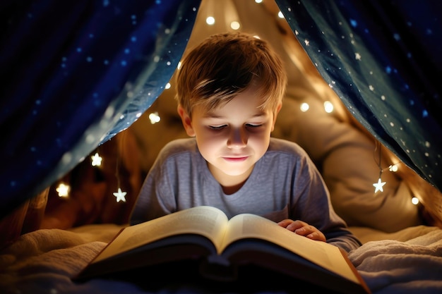 Menino em uma aconchegante tenda de crianças à noite lendo um livro paixão das crianças por livros