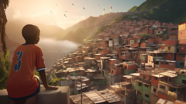 Menino empinando pipa em favelas superlotadas com casas quadradas de vários andares e lojas construídas de madeira e bri