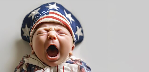 Foto menino envolto na bandeira dos estados unidos sobre um fundo branco