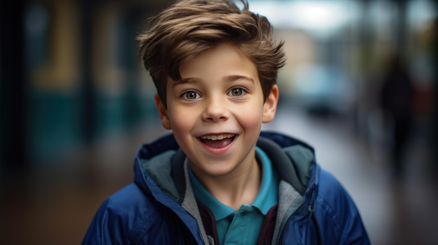 Menino escolar está do lado de fora da escola de volta à escola criado com tecnologia de IA generativa