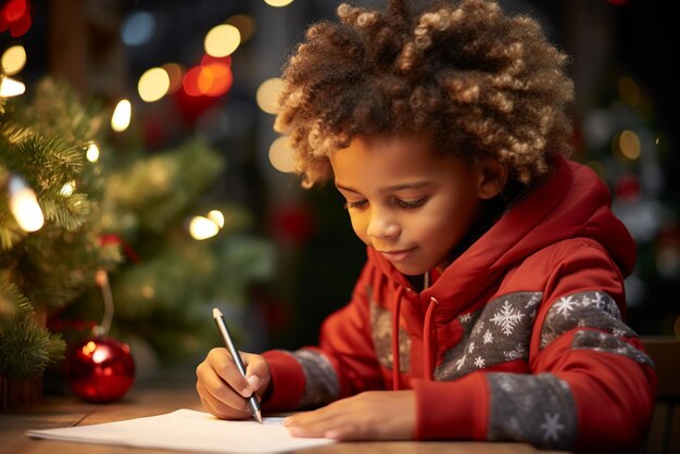 Menino escrevendo uma carta para o Papai Noel desejos de Natal