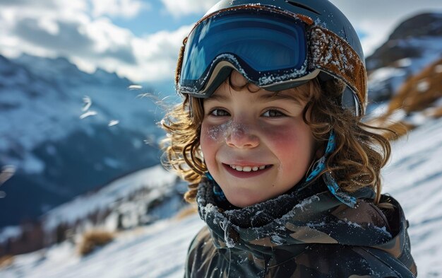 menino esquiador com óculos de esqui e capacete de esqui na montanha de neve