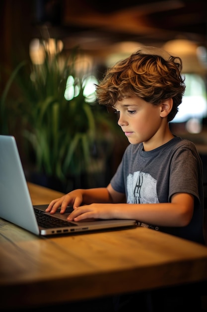 Menino estudando com um laptop e notebook