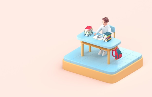 Menino estudando na aula de ilustração 3D