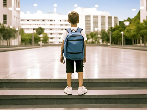 Menino estudante com mochila a caminho da escola Conceito de volta às aulas gerado por IA