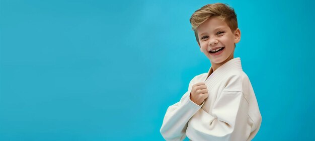 Menino europeu feliz em lição de treino de judô ou karatê com espaço de cópia