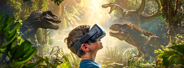 Foto menino experimentando dinossauros através de óculos de realidade virtual