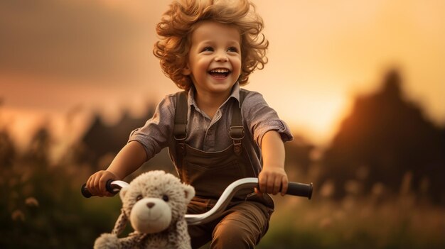 menino feliz andando de bicicleta no campo ao pôr do sol