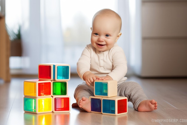 Menino feliz brincando com cubos coloridos em casa
