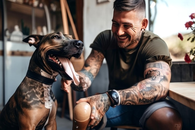 Menino feliz com cachorro sentado no chão e olhando para a câmera