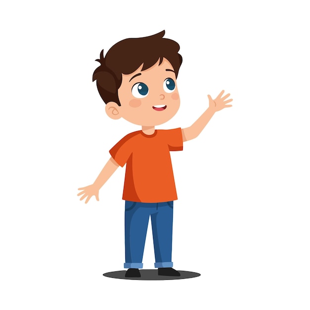 Menino feliz com camisa laranja gesticulando entusiasmado em arte vetorial plana