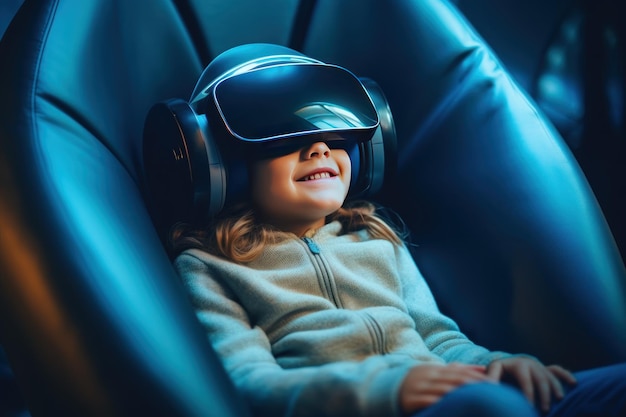 Menino feliz com óculos de realidade virtual sentado em uma cadeira