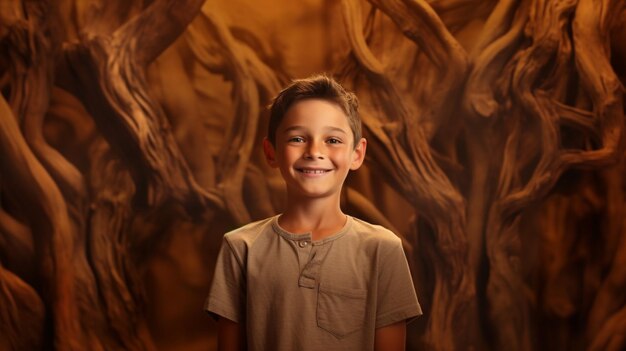 menino feliz de pé em fundo de madeira de sândalo