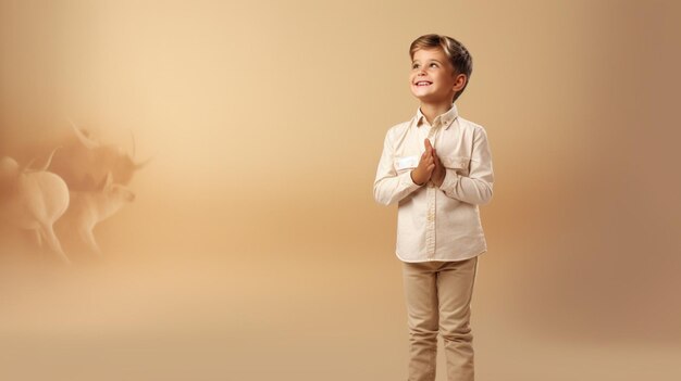 Foto menino feliz de pé em fundo de marfim