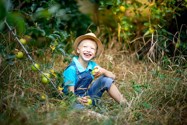 Menino feliz de seis anos de idade com roupas azuis e chapéu sentado na grama em um jardim com macieiras