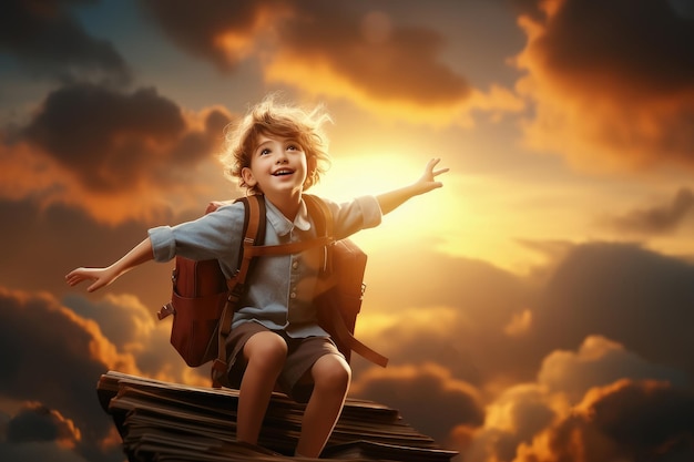 Menino feliz e sorridente sentado no livro do céu pôr do sol O desenvolvimento da imaginação das crianças do ensino fundamental Conceito de educação e leitura Criado com tecnologia Generative Ai