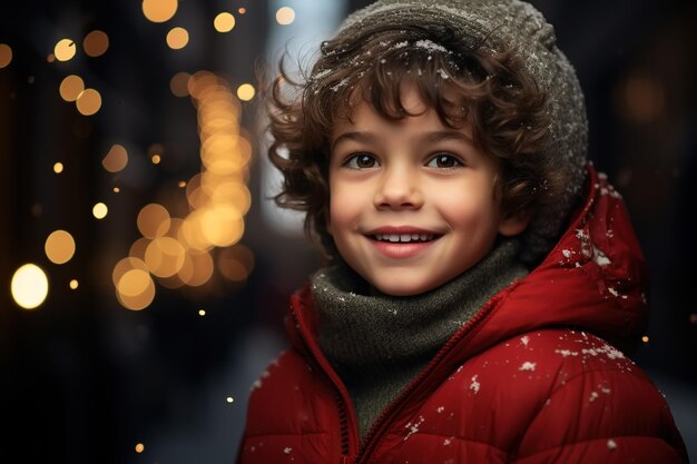 Menino feliz em uma noite de neve em fundo festivo com luzes de guirlandas de bokeh ao ar livre crianças retrato de Natal