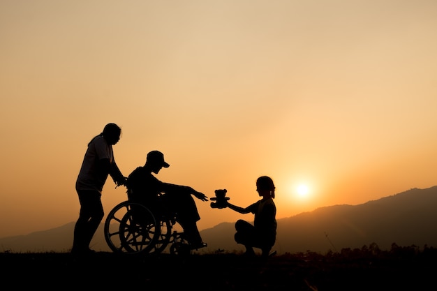 Menino feliz na cadeira de rodas com o amigo no por do sol. conceito de criança deficiente feliz