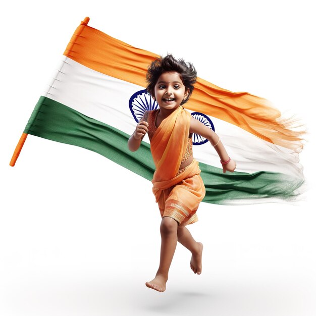 Foto menino feliz segurando a bandeira indiana nas mãos e correndo generative ai