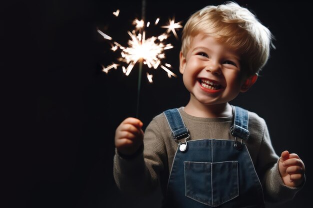 Foto menino feliz segurando um espumante em fundo preto