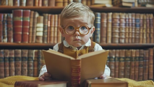 Menino feliz usando óculos senta-se em frente a estantes cheias de livros e lendo Criança curiosa desfrutando de seu primeiro livro ou dando passos de aprendizagem precoce