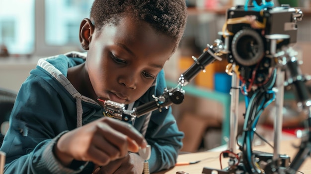 Menino focado habilmente montando um braço robótico em uma aula de STEM