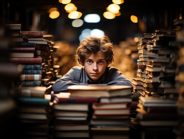 Menino focado lendo livro no café