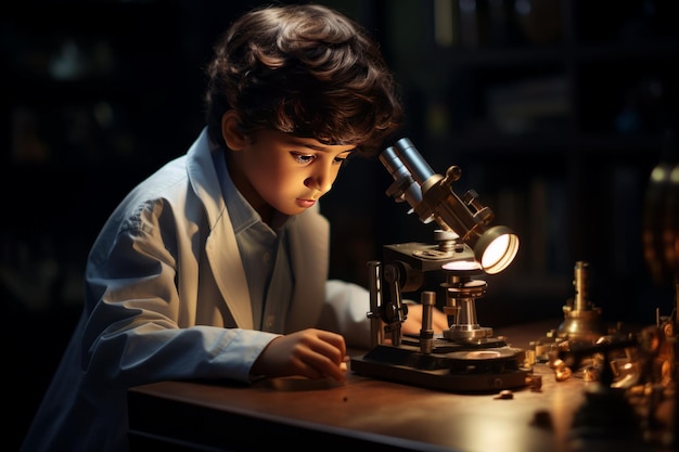 Foto menino indiano e experimento de química e microscópio