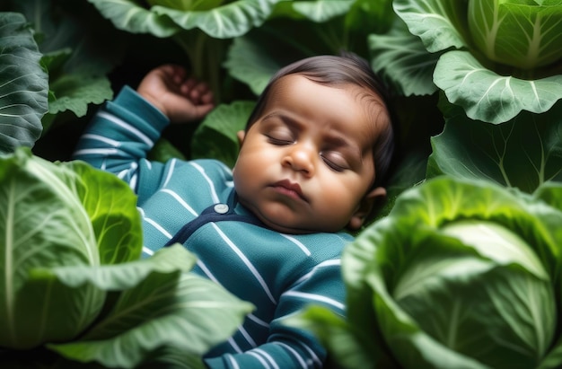 menino indiano em repolho bebê recém-nascido dormindo no jardim no chão cercado por vegetais