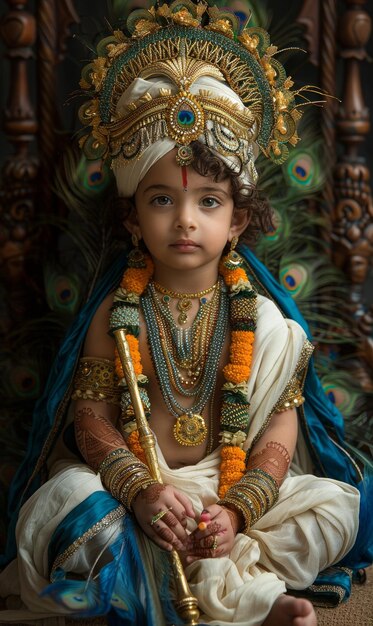 Menino indiano vestido como a divindade budista senhor rama shiva buda hinduísmo roupa religiosa tradicional